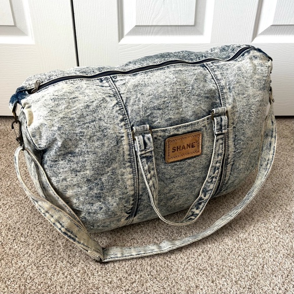 Vintage 80's Shane Acid Wash Denim Bag Travel Stone Wash Small Duffle - Picture 1 of 10